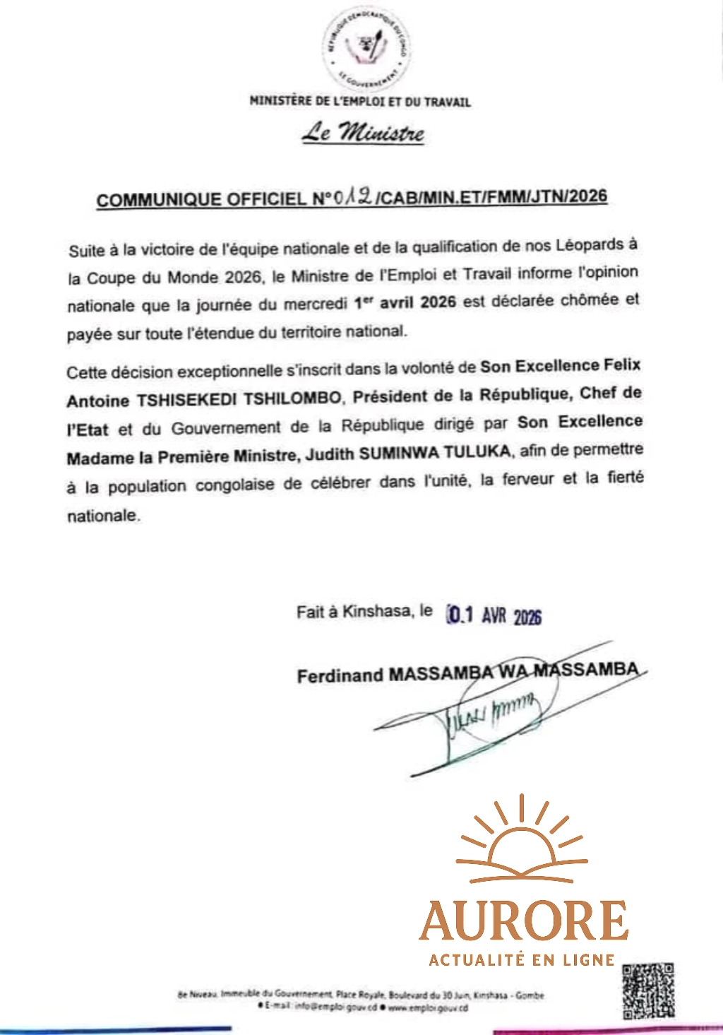 RDC : le 1er avril 2026 déclaré journée chômée et payée après la qualification des Léopards