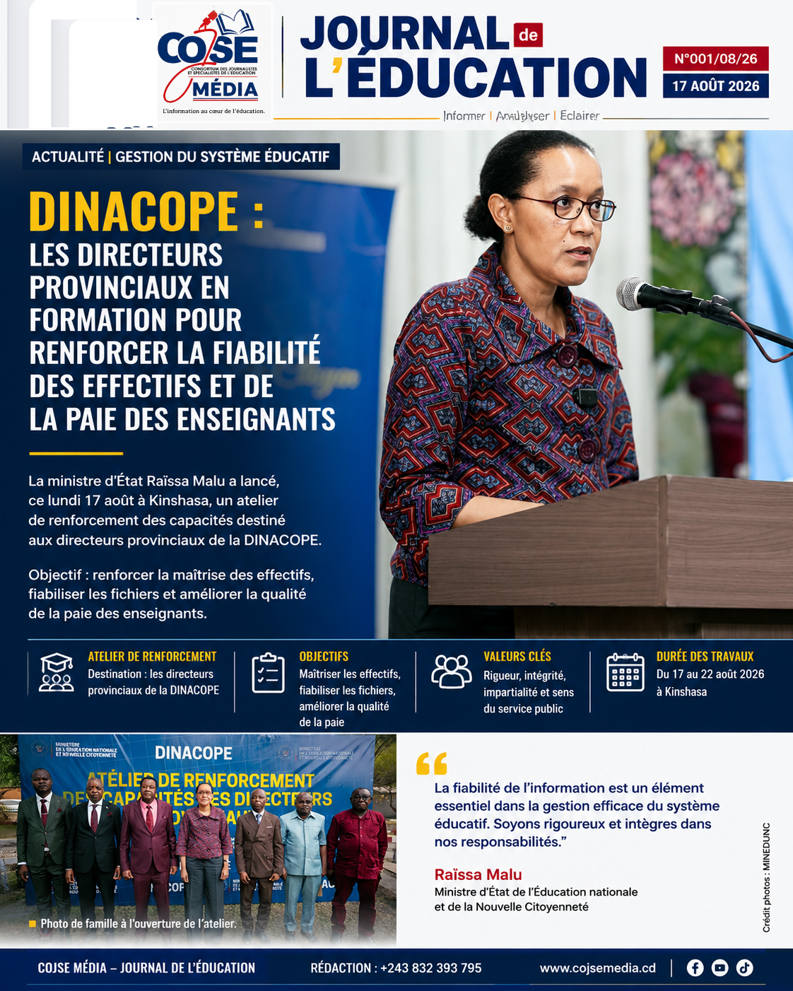 ACTUALITÉ | GESTION DU SYSTÈME ÉDUCATIF DINACOPE : les directeurs provinciaux en formation pour renforcer la fiabilité des effectifs et de la paie des enseignants