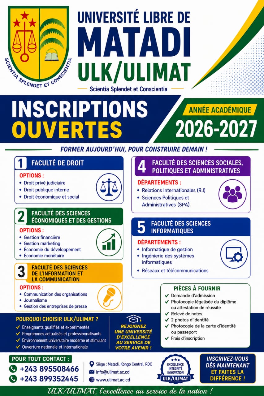 Université Libre de Matadi : lancement officiel des inscriptions pour l'année académique 2026-2027