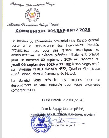 Kongo-Central : les députés provinciaux poursuivent l'examen du statut spécial de la ville sainte de Nkamba ce jeudi 3 septembre 2026