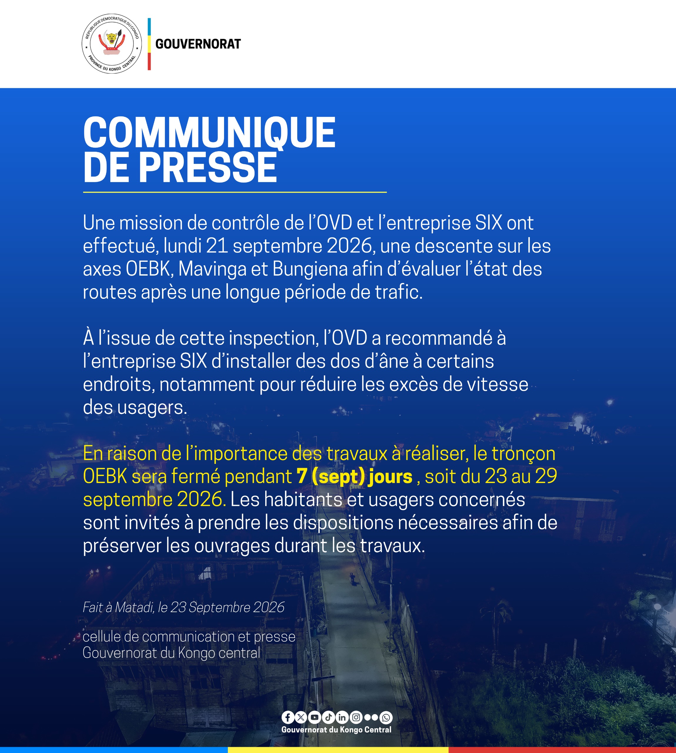Matadi : fermeture temporaire du tronçon OEBK-Mavinga-Bungiena pour la pose de dos-d’âne