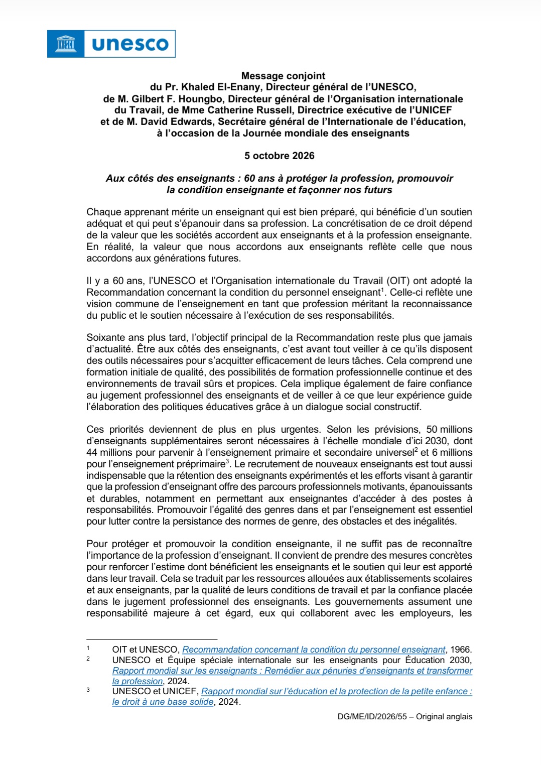 JOURNÉE MONDIALE DES ENSEIGNANTS :60 ANS APRÈS L’URGENCE DE REDONNER TOUTE SA VALEUR AU MÉTIER